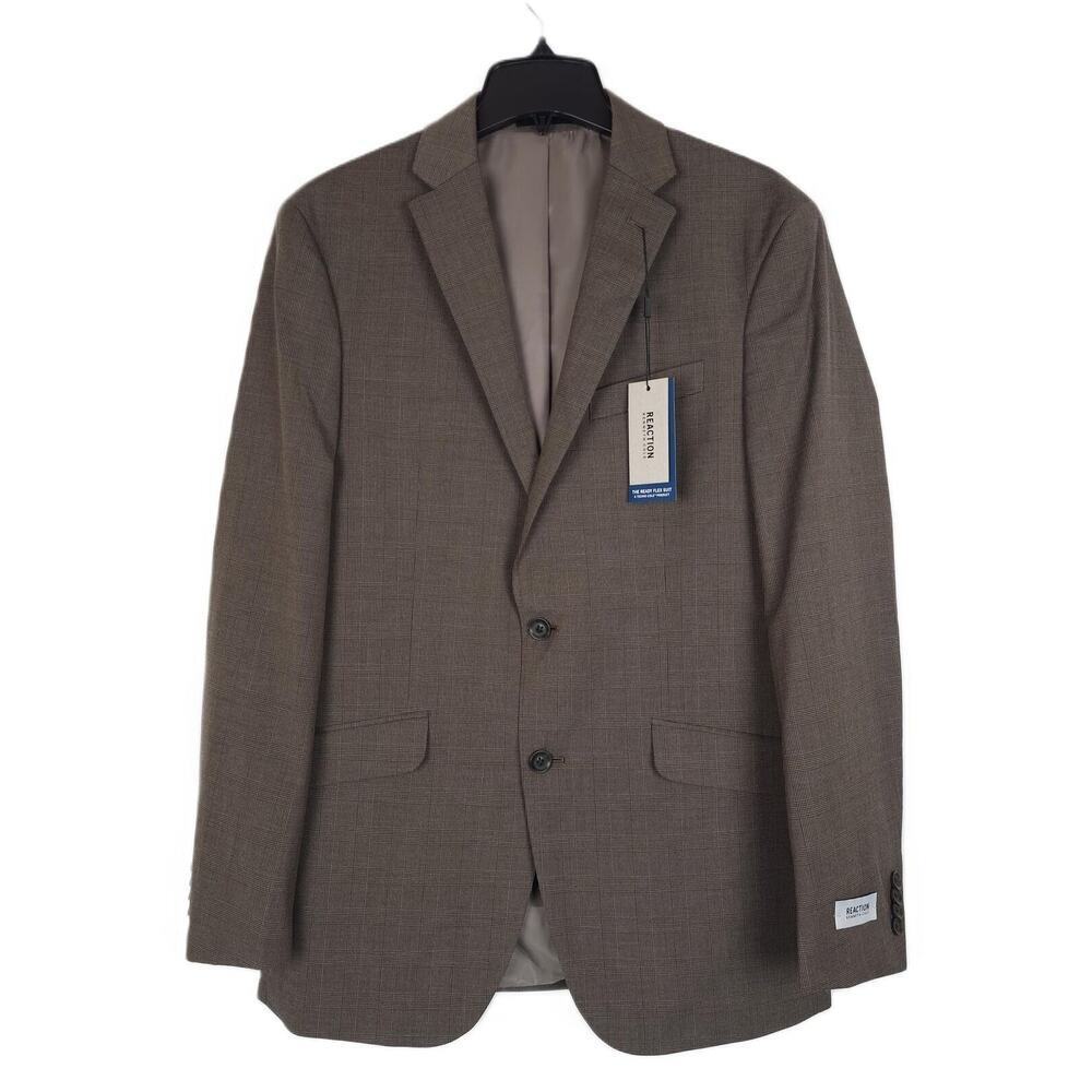 Kenneth Cole Reaction Mens Slim Fit Suit Jacket Blazer 40L Tan Brown Plaid NWT